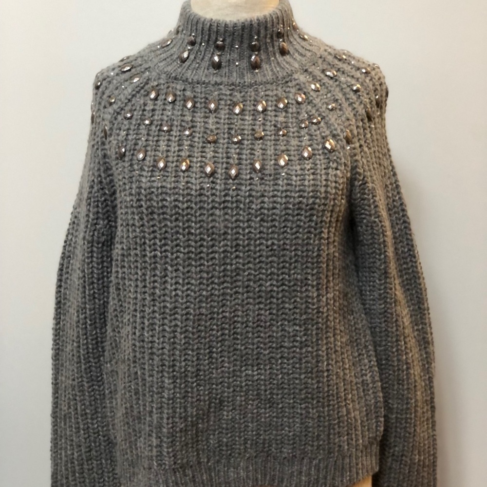 𝅺APT 9 cable knit chunky Jeweled turtleneck sweater grey size Small‎  #w1030